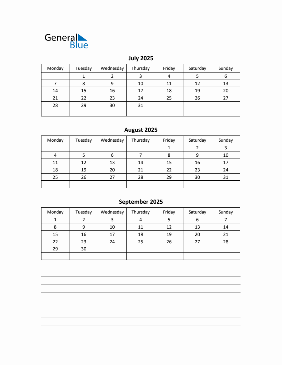 Free Printable Q3 Quarterly Calendar 2025