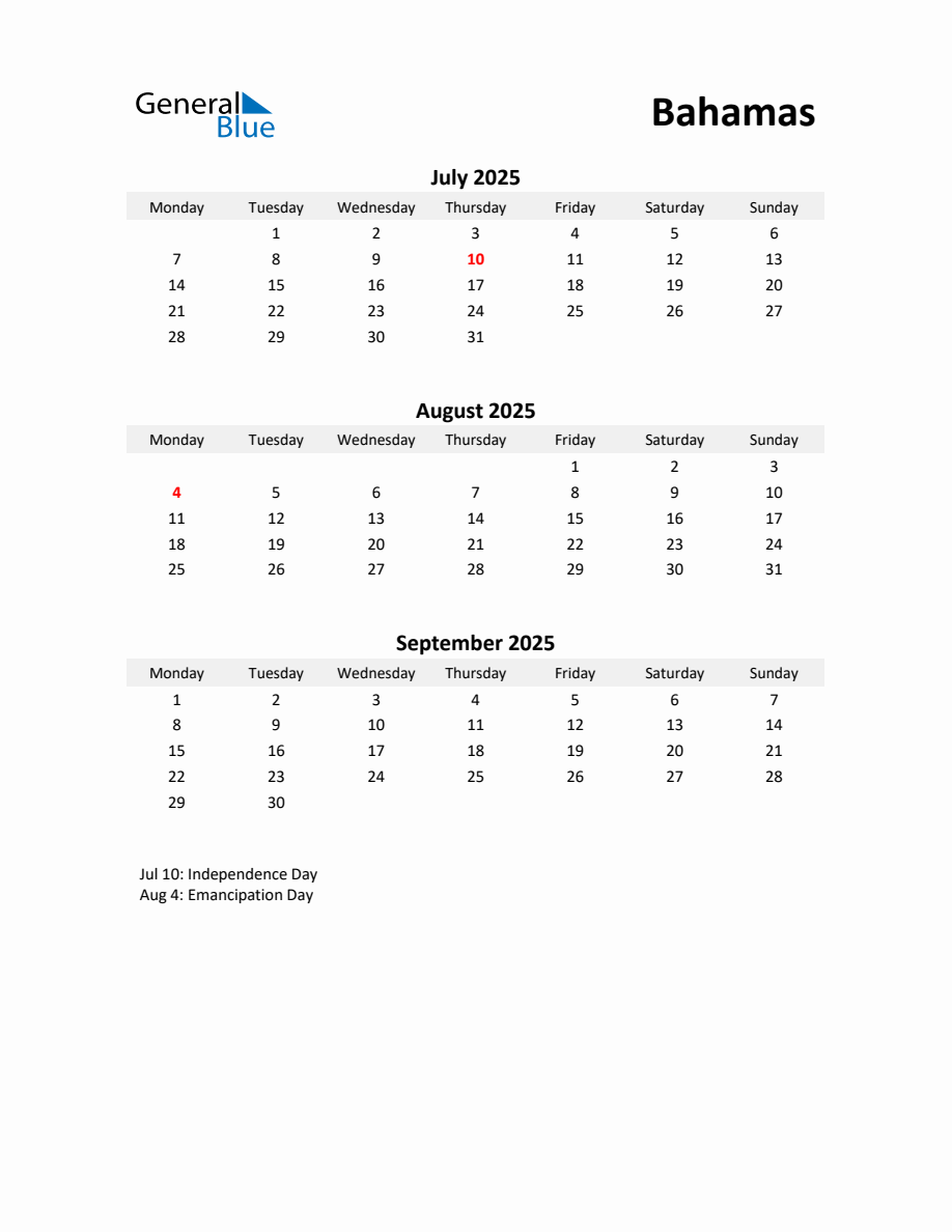 Printable Quarterly Calendar with Notes and Bahamas Holidays Q3 of 2025