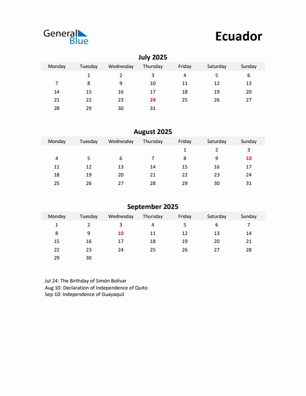 Printable Quarterly Calendar with Notes and Ecuador Holidays- Q3 of 2025