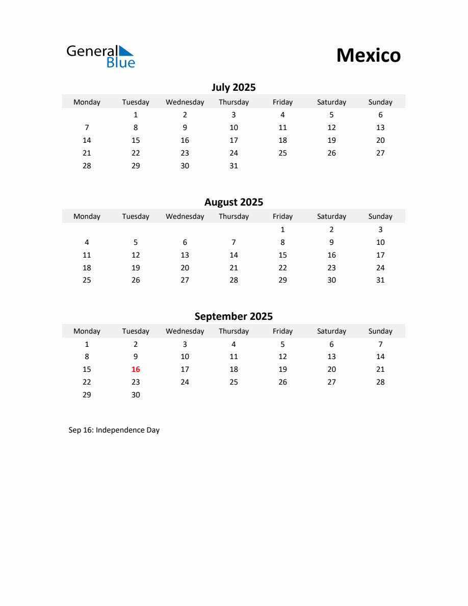 Printable Quarterly Calendar with Notes and Mexico Holidays Q3 of 2025