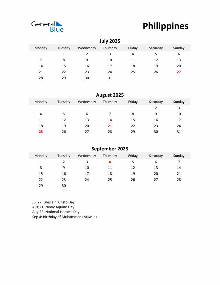 Printable Quarterly Calendar with Notes and Philippines Holidays Q3 of