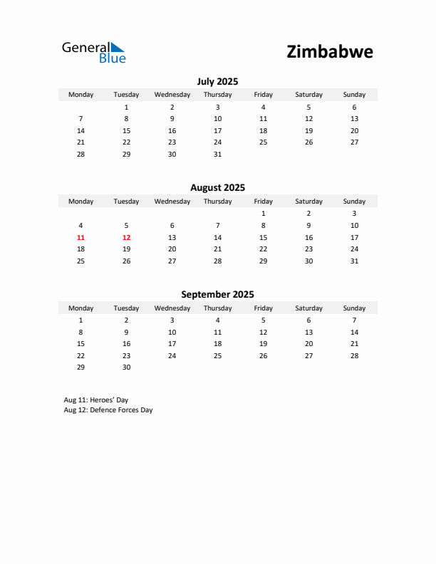 Q3 2025 Monday Start Quarterly Calendar with Zimbabwe Holidays