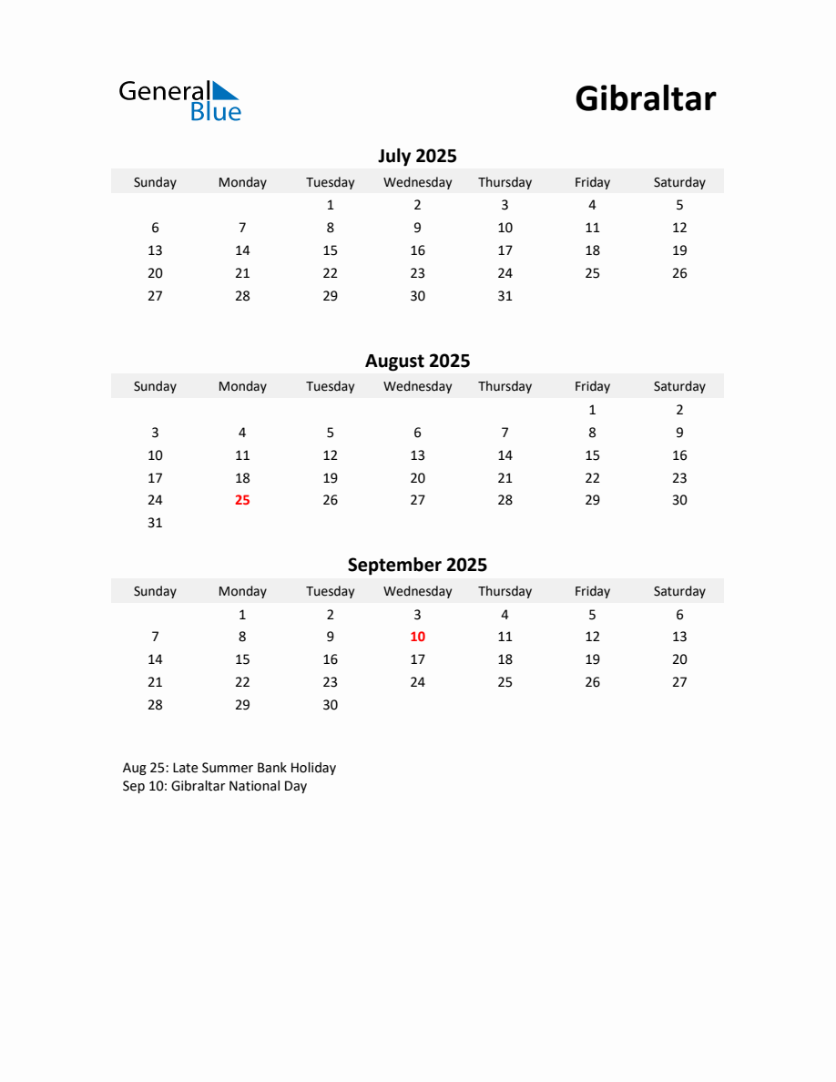 Printable Quarterly Calendar with Notes and Gibraltar Holidays Q3 of 2025