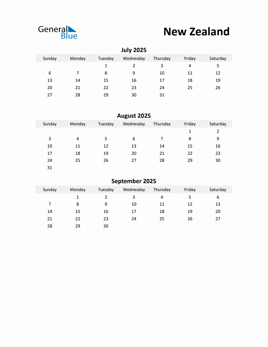 Printable Quarterly Calendar with Notes and New Zealand Holidays Q3 of