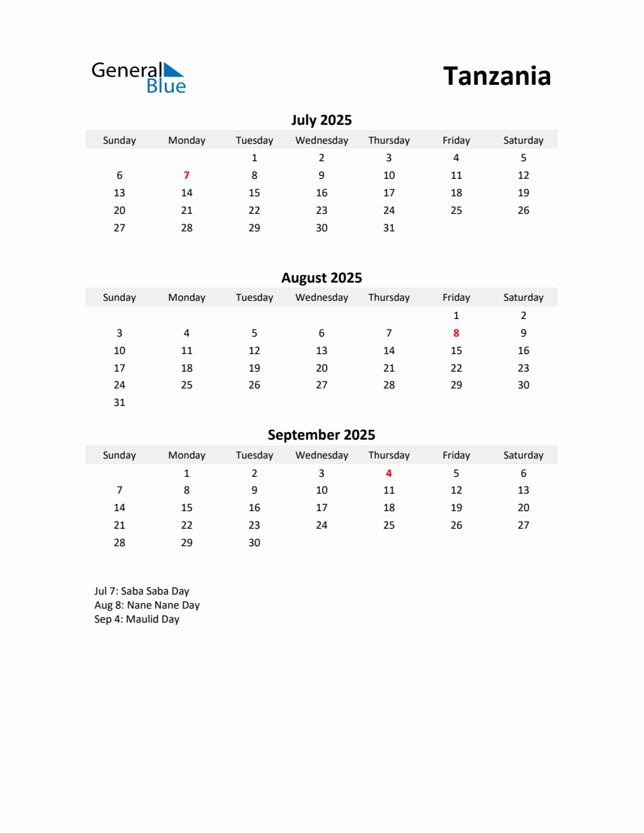 Printable Quarterly Calendar with Notes and Tanzania Holidays Q3 of 2025