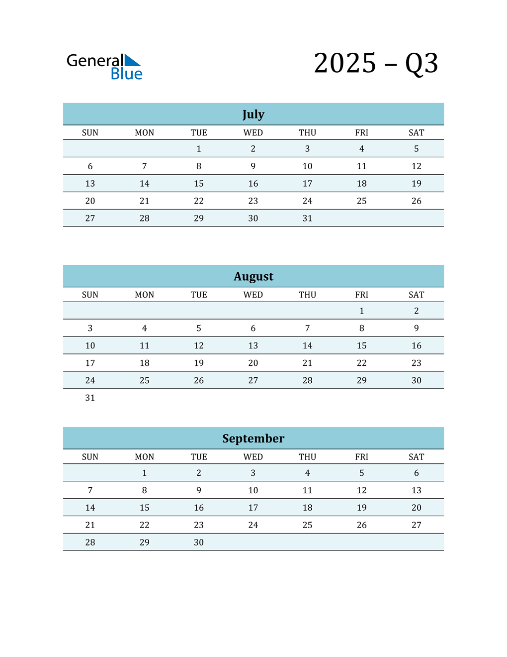 July, August, and September 2025 Calendar