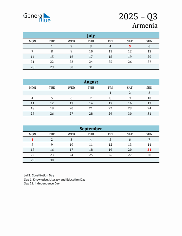 Three-Month Planner for Q3 2025 with Holidays - Armenia