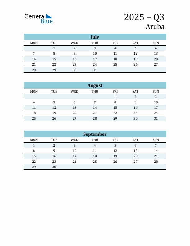 Three-Month Planner for Q3 2025 with Holidays - Aruba