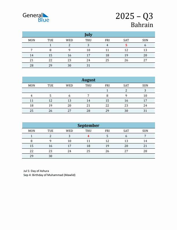 Three-Month Planner for Q3 2025 with Holidays - Bahrain