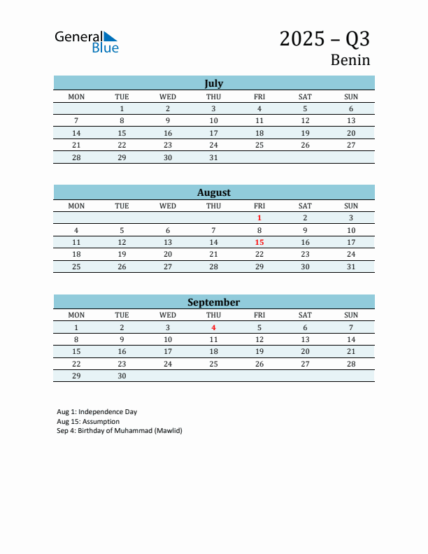 Three-Month Planner for Q3 2025 with Holidays - Benin
