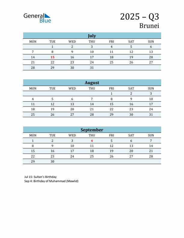 Three-Month Planner for Q3 2025 with Holidays - Brunei