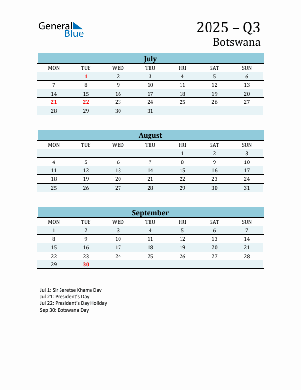 Three-Month Planner for Q3 2025 with Holidays - Botswana