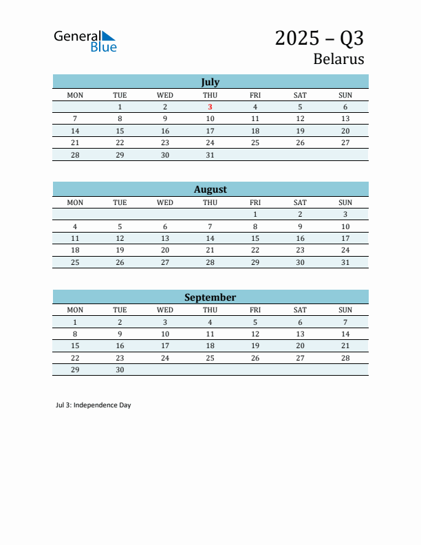 Three-Month Planner for Q3 2025 with Holidays - Belarus