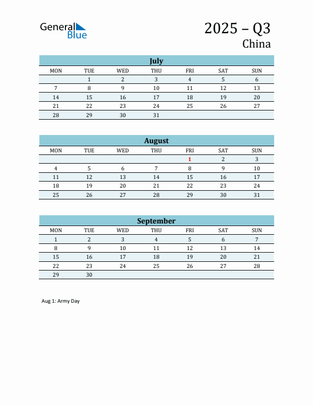 Three-Month Planner for Q3 2025 with Holidays - China