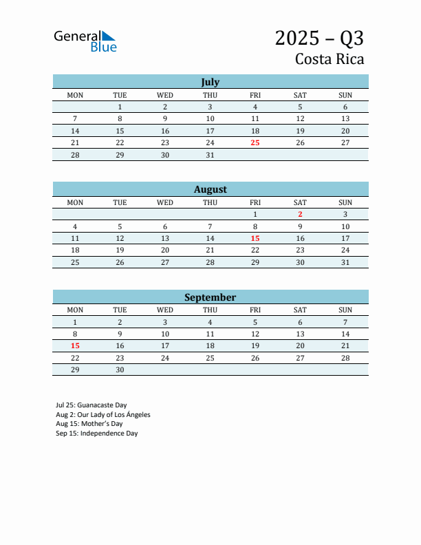 Three-Month Planner for Q3 2025 with Holidays - Costa Rica
