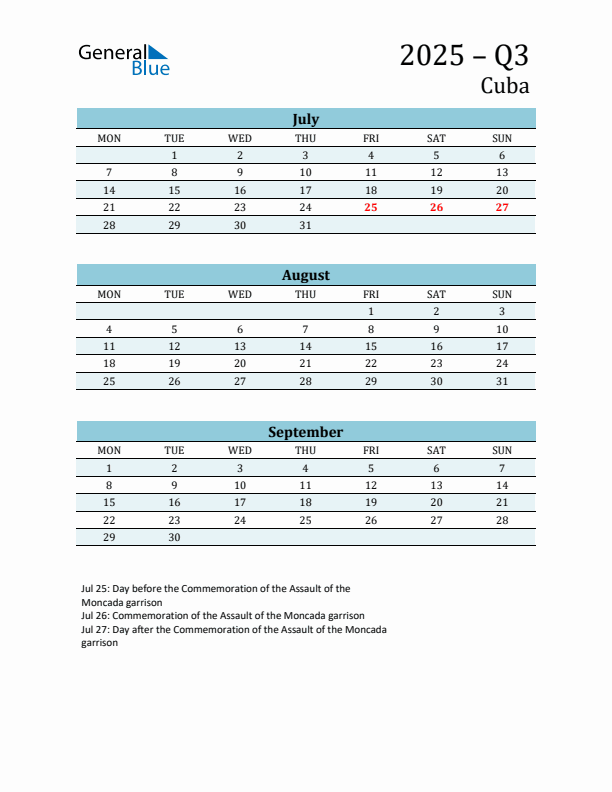 Three-Month Planner for Q3 2025 with Holidays - Cuba