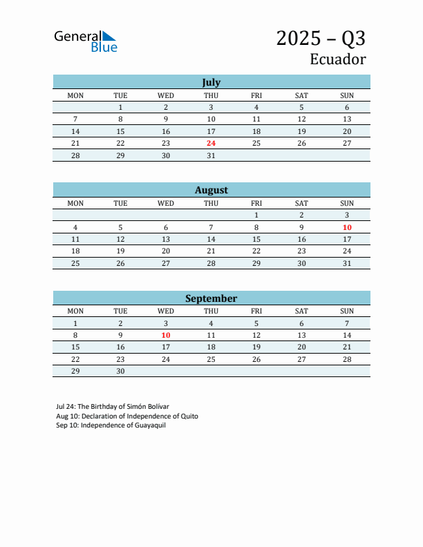 Three-Month Planner for Q3 2025 with Holidays - Ecuador