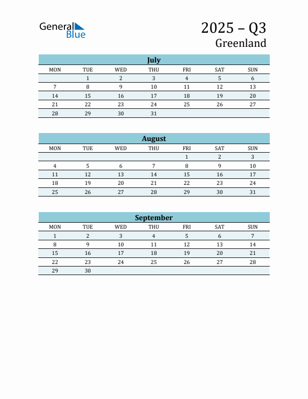 Three-Month Planner for Q3 2025 with Holidays - Greenland
