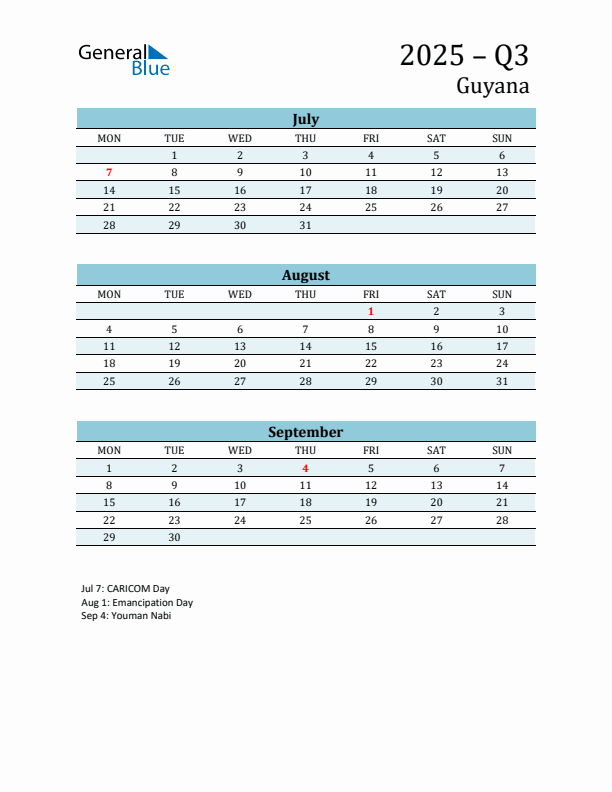 Three-Month Planner for Q3 2025 with Holidays - Guyana