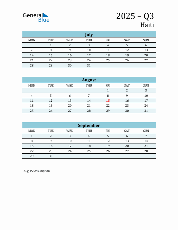 Three-Month Planner for Q3 2025 with Holidays - Haiti