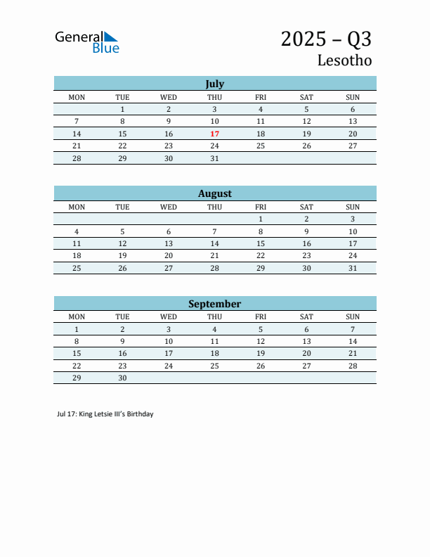 Three-Month Planner for Q3 2025 with Holidays - Lesotho