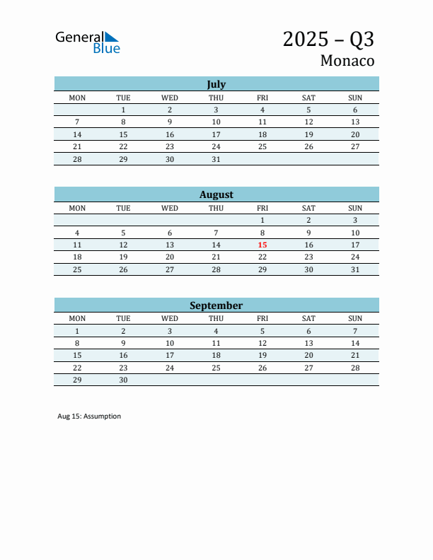 Three-Month Planner for Q3 2025 with Holidays - Monaco