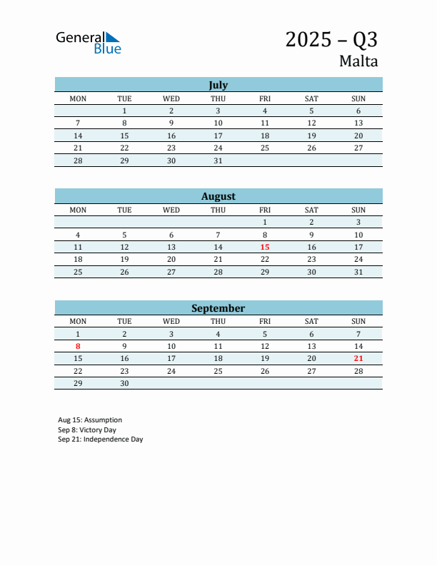Three-Month Planner for Q3 2025 with Holidays - Malta