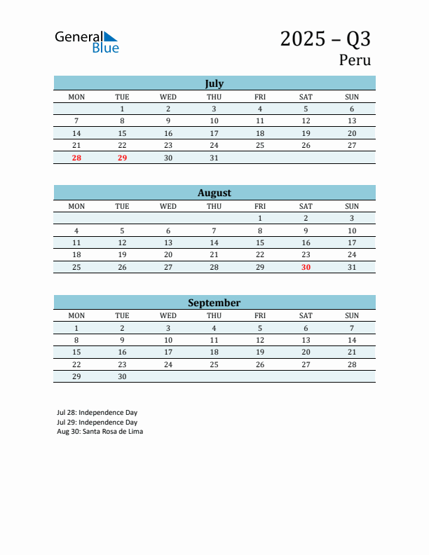 Three-Month Planner for Q3 2025 with Holidays - Peru