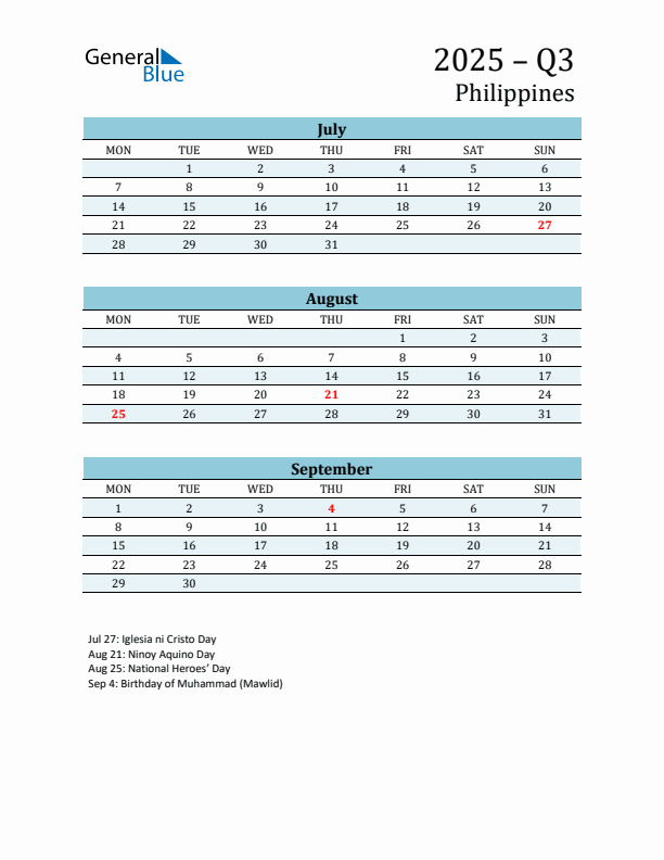 Three-Month Planner for Q3 2025 with Holidays - Philippines