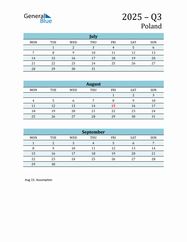 Three-Month Planner for Q3 2025 with Holidays - Poland