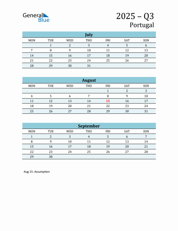 Three-Month Planner for Q3 2025 with Holidays - Portugal