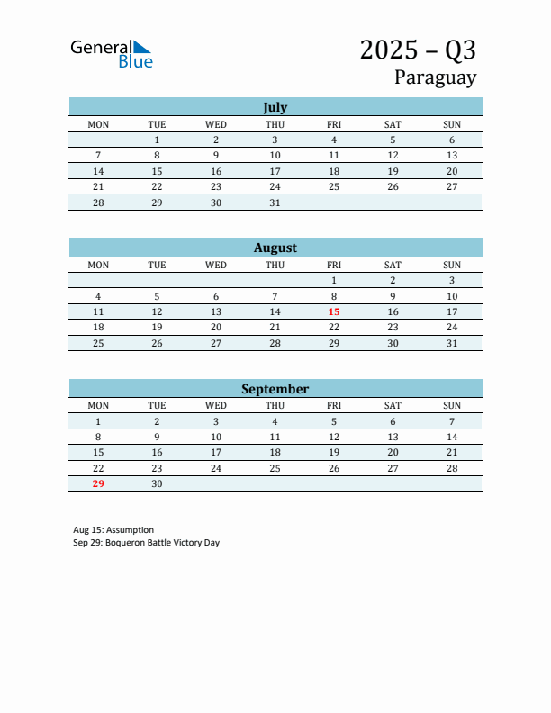 Three-Month Planner for Q3 2025 with Holidays - Paraguay