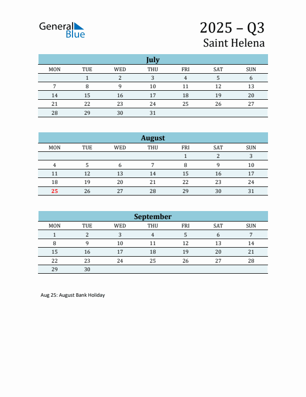 Three-Month Planner for Q3 2025 with Holidays - Saint Helena