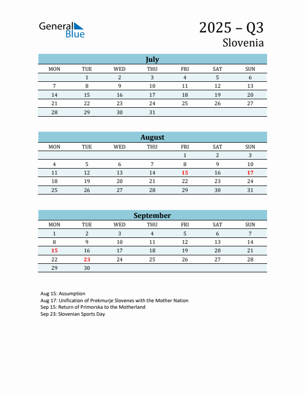 Three-Month Planner for Q3 2025 with Holidays - Slovenia