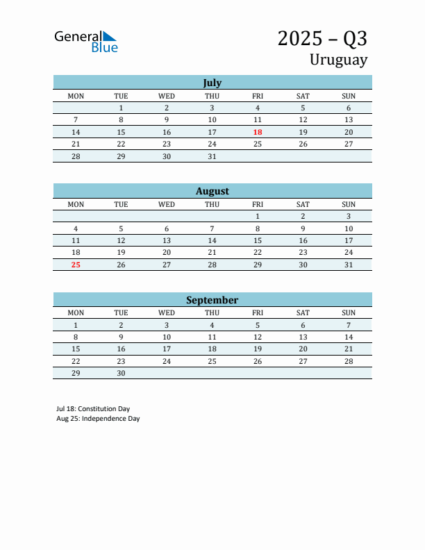 Three-Month Planner for Q3 2025 with Holidays - Uruguay