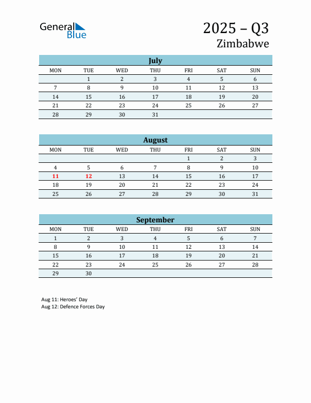 Three-Month Planner for Q3 2025 with Holidays - Zimbabwe