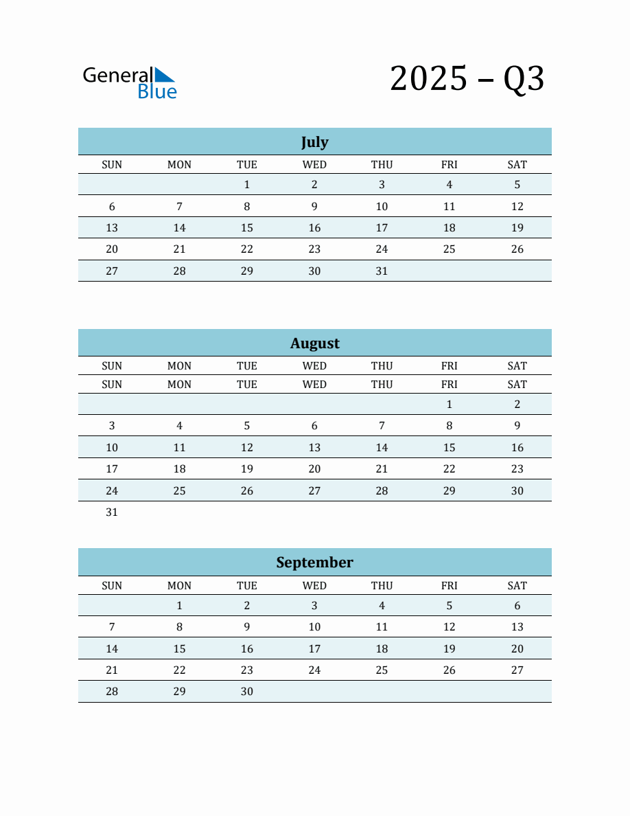 Blank Q3 Quarterly Calendar 2025 (July, August and September)