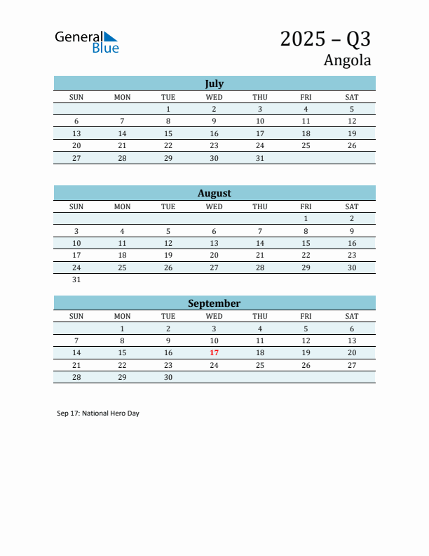Three-Month Planner for Q3 2025 with Holidays - Angola