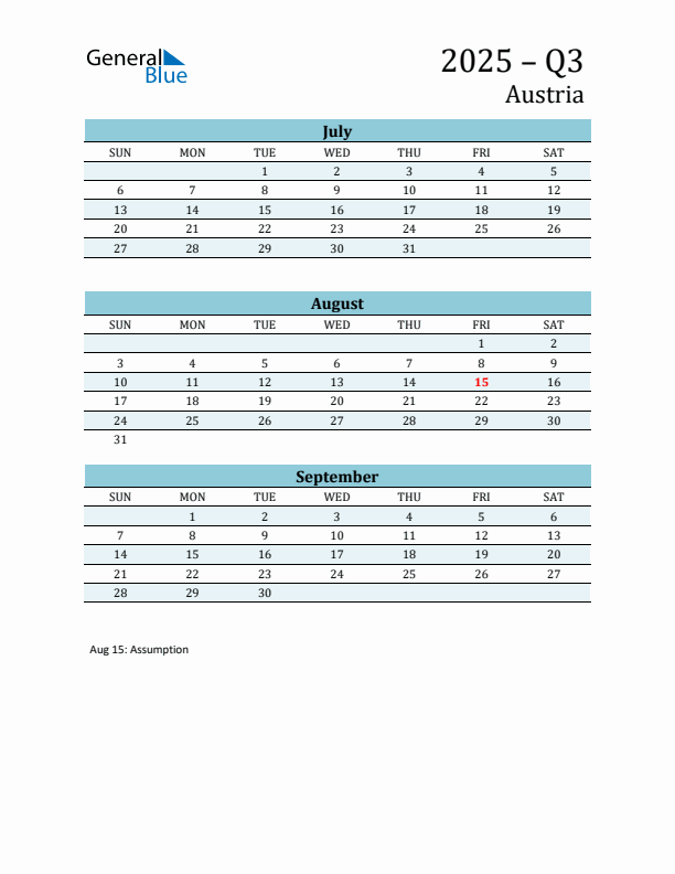 Three-Month Planner for Q3 2025 with Holidays - Austria
