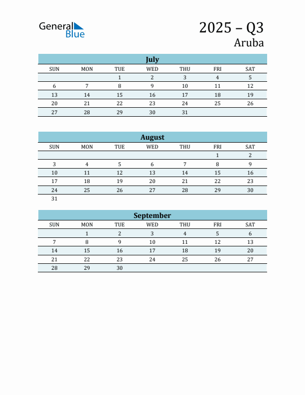 Three-Month Planner for Q3 2025 with Holidays - Aruba