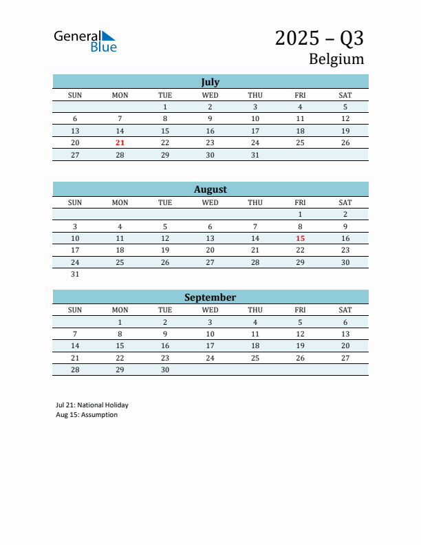 Three-Month Planner for Q3 2025 with Holidays - Belgium