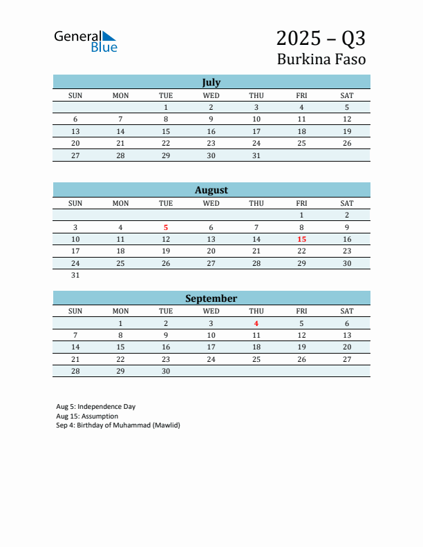 Three-Month Planner for Q3 2025 with Holidays - Burkina Faso