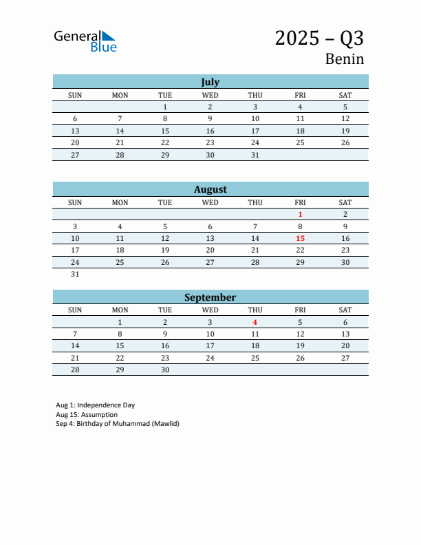 Three-Month Planner for Q3 2025 with Holidays - Benin