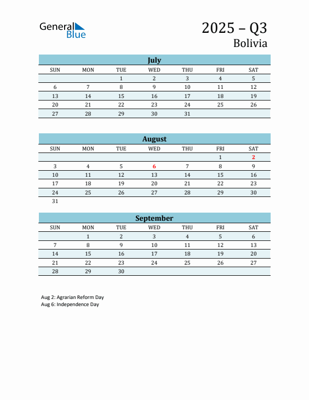 Three-Month Planner for Q3 2025 with Holidays - Bolivia