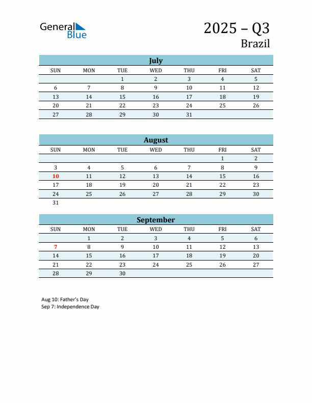 Three-Month Planner for Q3 2025 with Holidays - Brazil