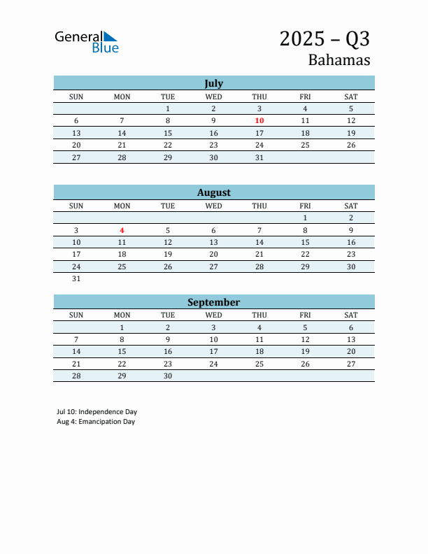 Three-Month Planner for Q3 2025 with Holidays - Bahamas