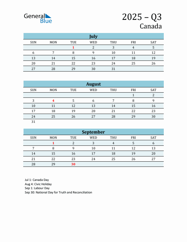 Three-Month Planner for Q3 2025 with Holidays - Canada