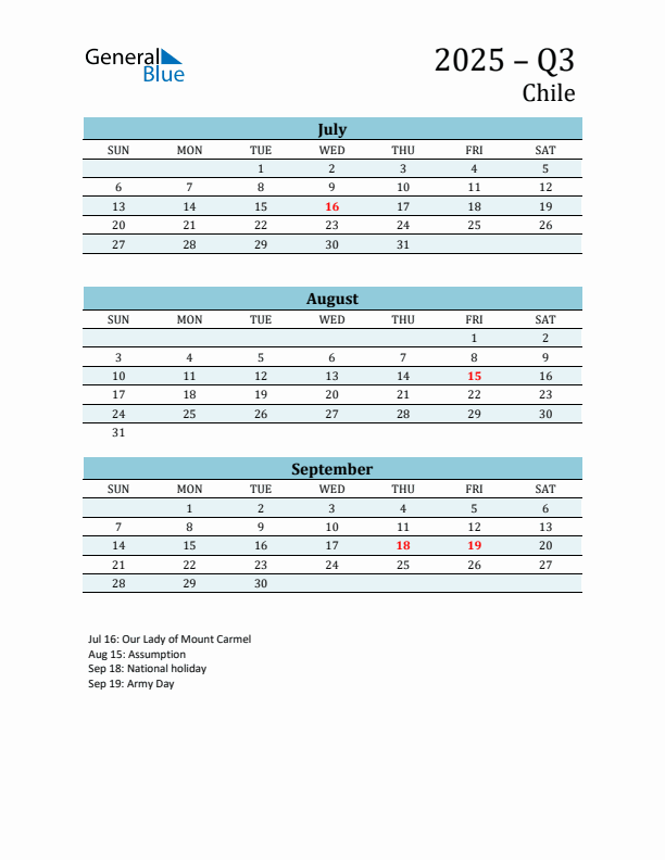 Three-Month Planner for Q3 2025 with Holidays - Chile