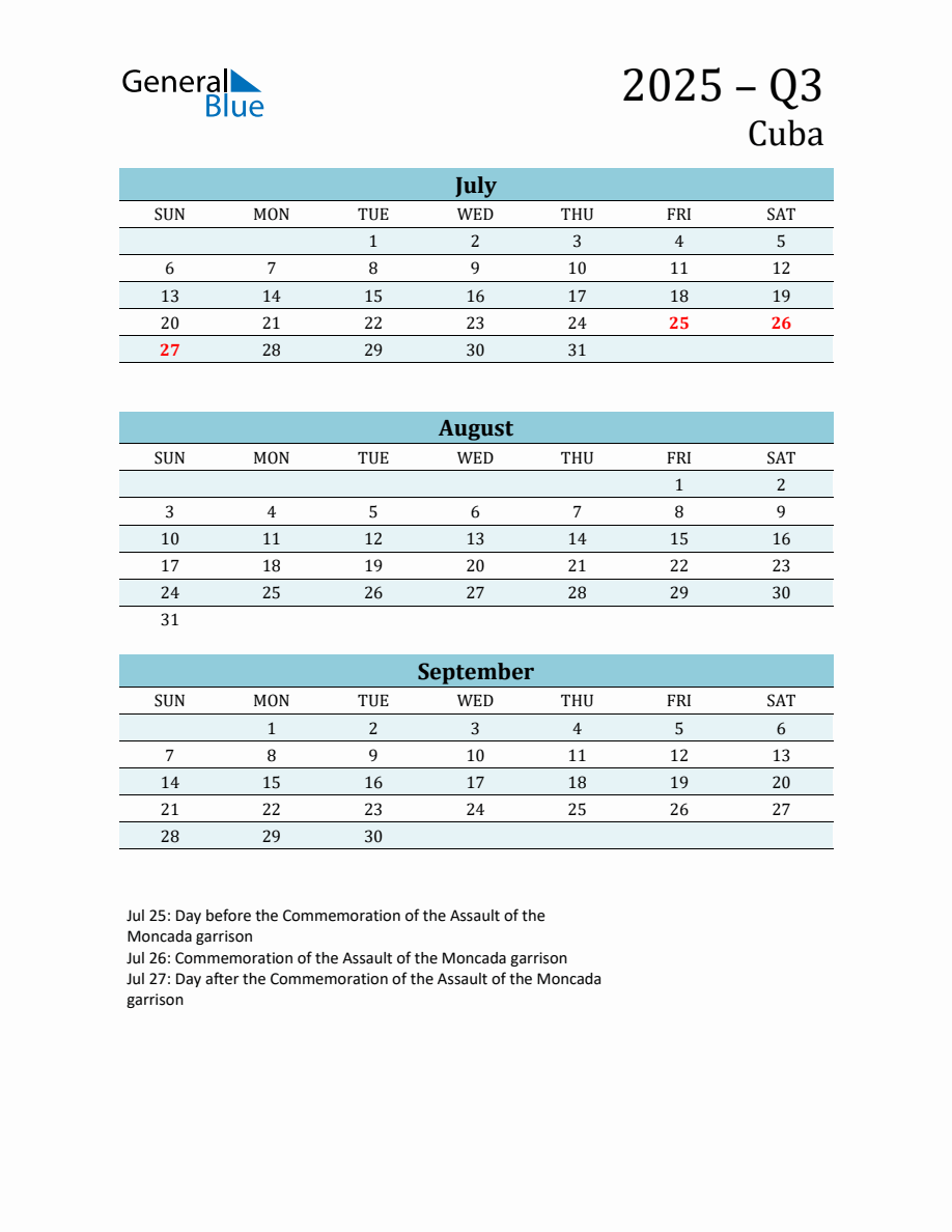 ThreeMonth Planner for Q3 2025 with Holidays Cuba