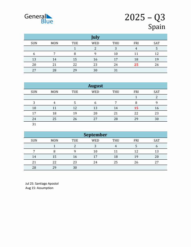 Three-Month Planner for Q3 2025 with Holidays - Spain
